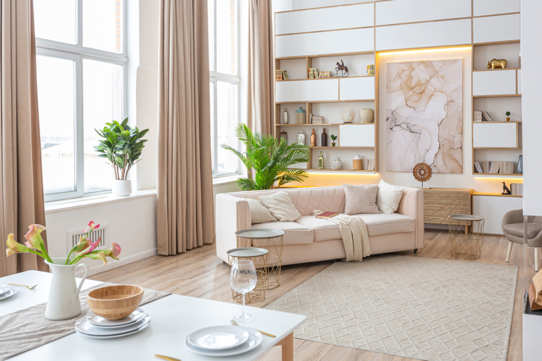Pi&egrave;ce de vie tr&egrave;s bien d&eacute;cor&eacute;e au sein d'un appartement r&eacute;cent